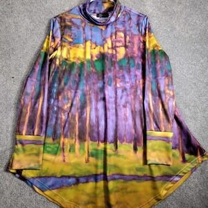 JFN Tunic Top Abstract Art Print Long Sleeve Mock Neck Pullover Purple Large
